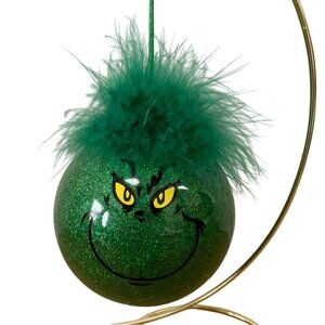 The Grinch Green Glitter Christmas Ornament w Feather Topper Handmade Lg 5 Inch
